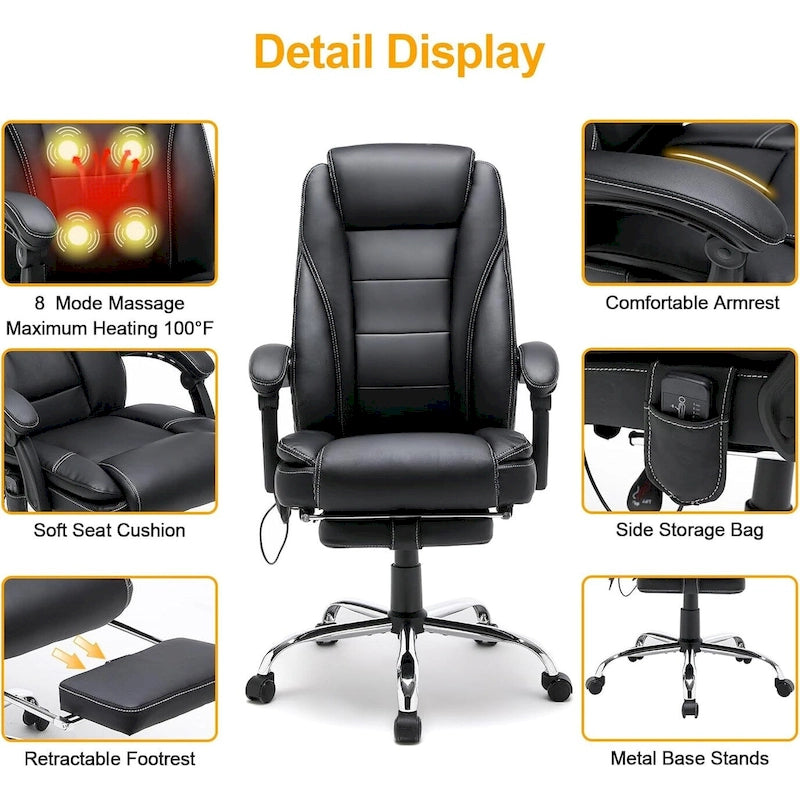 Sedia da ufficio direzionale riscaldata ergonomica con massaggio, poggiapiedi a scomparsa e pelle PU – Marrone / Nero / Giallo, Singola