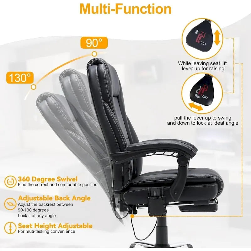Sedia da ufficio direzionale riscaldata ergonomica con massaggio, poggiapiedi a scomparsa e pelle PU – Marrone / Nero / Giallo, Singola