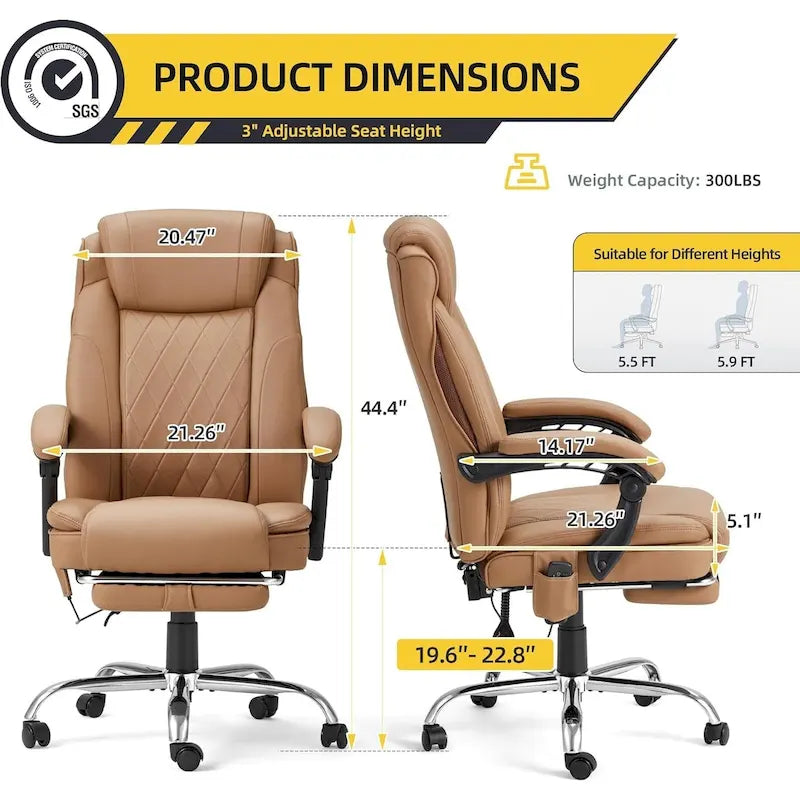 Sedia da ufficio direzionale riscaldata ergonomica con massaggio, poggiapiedi a scomparsa e pelle PU – Marrone / Nero / Giallo, Singola