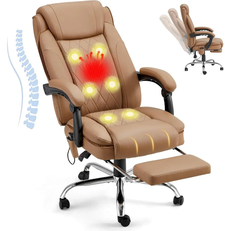 Sedia da ufficio direzionale riscaldata ergonomica con massaggio, poggiapiedi a scomparsa e pelle PU – Marrone / Nero / Giallo, Singola
