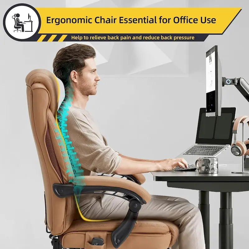 Sedia da ufficio direzionale riscaldata ergonomica con massaggio, poggiapiedi a scomparsa e pelle PU – Marrone / Nero / Giallo, Singola