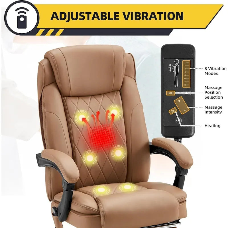 Sedia da ufficio direzionale riscaldata ergonomica con massaggio, poggiapiedi a scomparsa e pelle PU – Marrone / Nero / Giallo, Singola