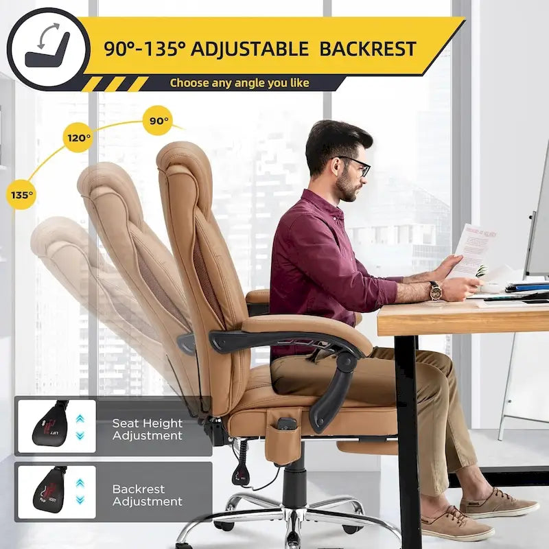 Sedia da ufficio direzionale riscaldata ergonomica con massaggio, poggiapiedi a scomparsa e pelle PU – Marrone / Nero / Giallo, Singola