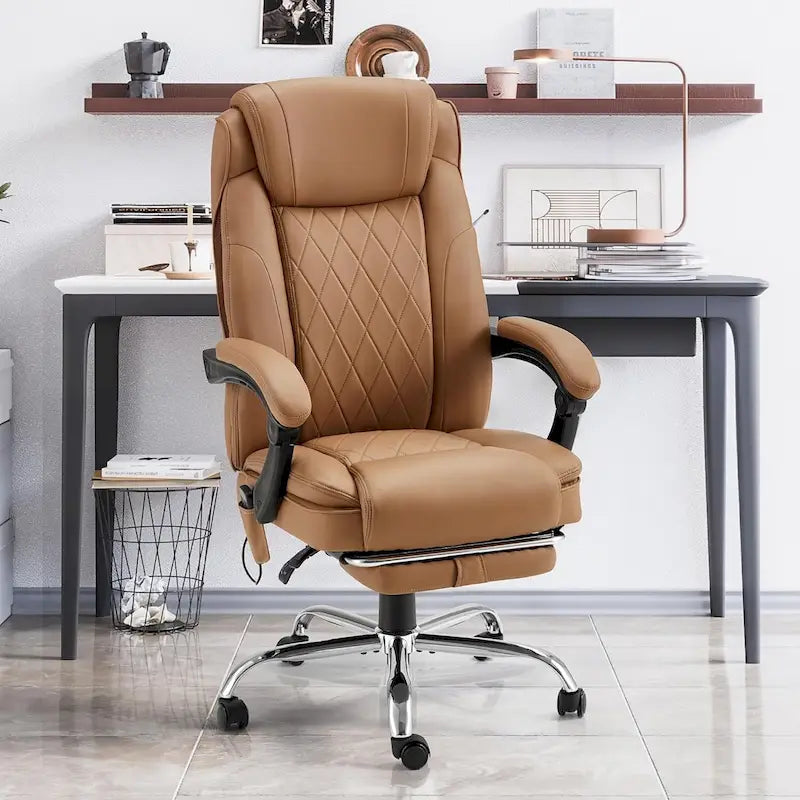 Sedia da ufficio direzionale riscaldata ergonomica con massaggio, poggiapiedi a scomparsa e pelle PU – Marrone / Nero / Giallo, Singola