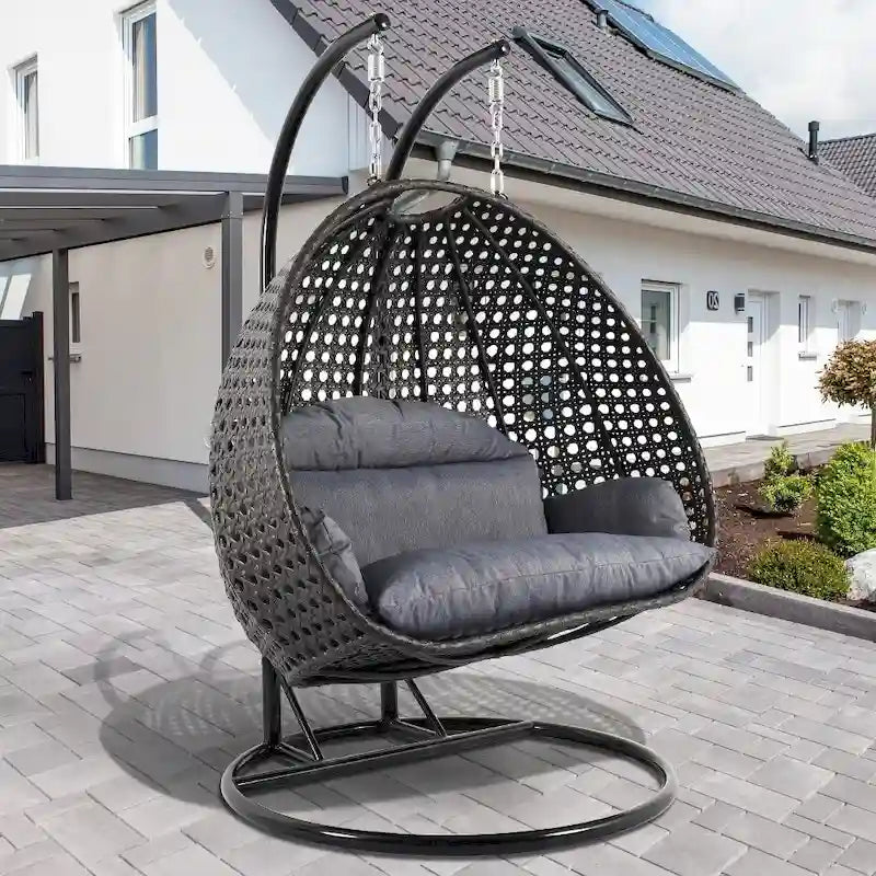 Sedia a dondolo sospesa a forma di uovo con struttura in metallo, telaio in vimini e cuscino – Beige / Blu carbone / Bianco / Blu / Bianco antico / Marrone / Tela, 2 posti