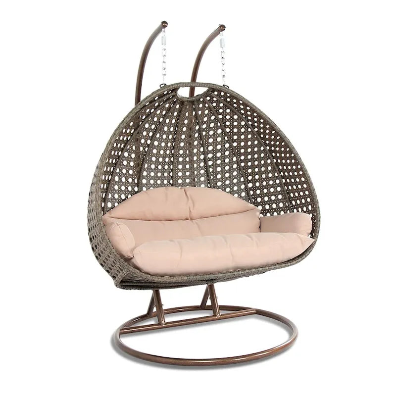 Sedia a dondolo sospesa a forma di uovo con struttura in metallo, telaio in vimini e cuscino – Beige / Blu carbone / Bianco / Blu / Bianco antico / Marrone / Tela, 2 posti