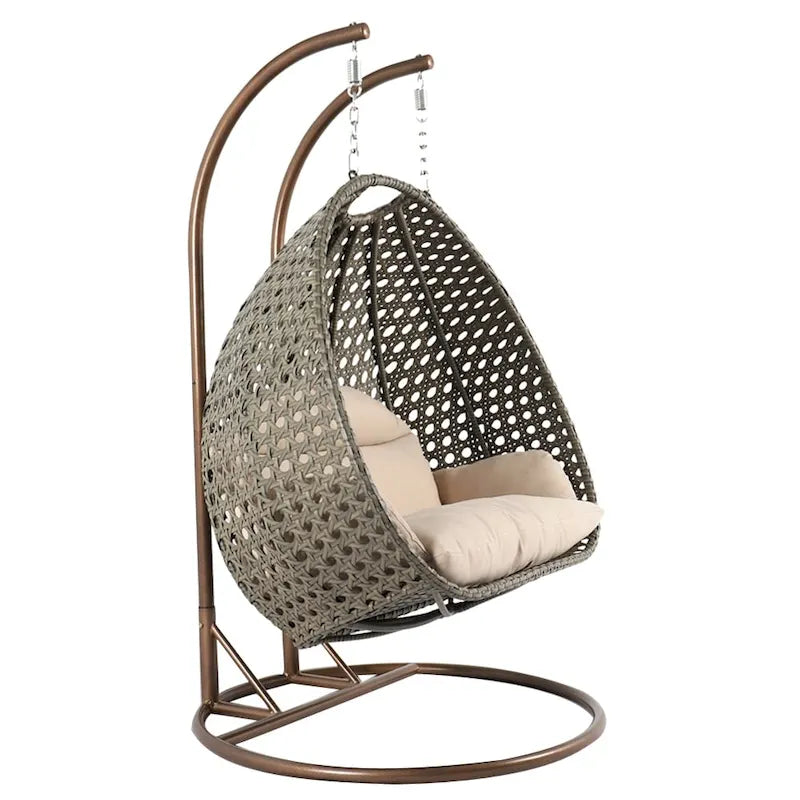 Sedia a dondolo sospesa a forma di uovo con struttura in metallo, telaio in vimini e cuscino – Beige / Blu carbone / Bianco / Blu / Bianco antico / Marrone / Tela, 2 posti