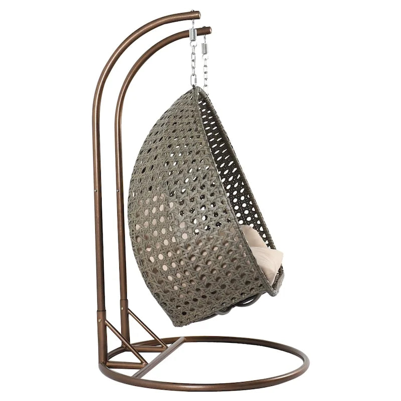 Sedia a dondolo sospesa a forma di uovo con struttura in metallo, telaio in vimini e cuscino – Beige / Blu carbone / Bianco / Blu / Bianco antico / Marrone / Tela, 2 posti
