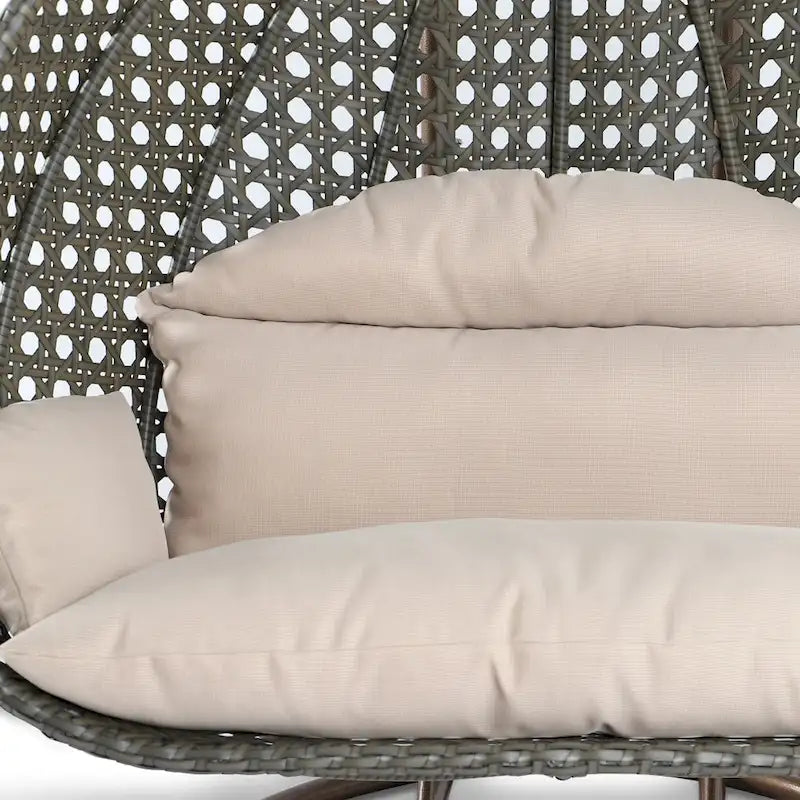 Sedia a dondolo sospesa a forma di uovo con struttura in metallo, telaio in vimini e cuscino – Beige / Blu carbone / Bianco / Blu / Bianco antico / Marrone / Tela, 2 posti