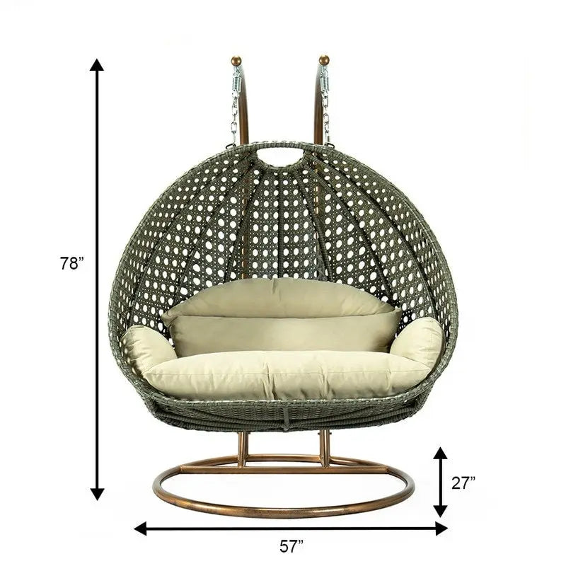 Sedia a dondolo sospesa a forma di uovo con struttura in metallo, telaio in vimini e cuscino – Beige / Blu carbone / Bianco / Blu / Bianco antico / Marrone / Tela, 2 posti