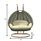 Sedia a dondolo sospesa a forma di uovo con struttura in metallo, telaio in vimini e cuscino – Beige / Blu carbone / Bianco / Blu / Bianco antico / Marrone / Tela, 2 posti