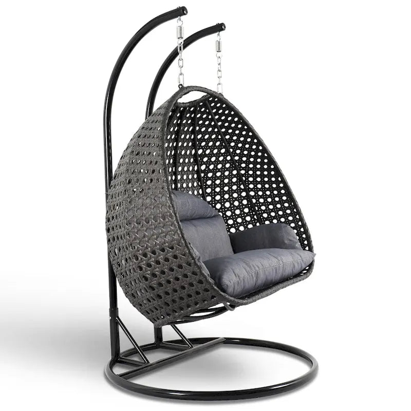 Sedia a dondolo sospesa a forma di uovo con struttura in metallo, telaio in vimini e cuscino – Beige / Blu carbone / Bianco / Blu / Bianco antico / Marrone / Tela, 2 posti