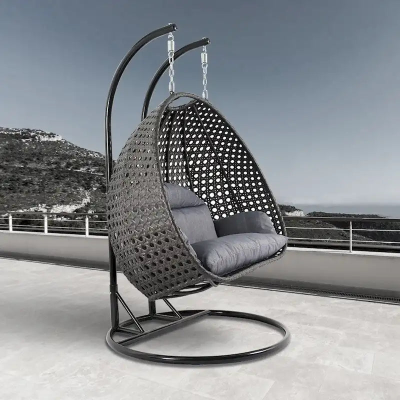 Sedia a dondolo sospesa a forma di uovo con struttura in metallo, telaio in vimini e cuscino – Beige / Blu carbone / Bianco / Blu / Bianco antico / Marrone / Tela, 2 posti