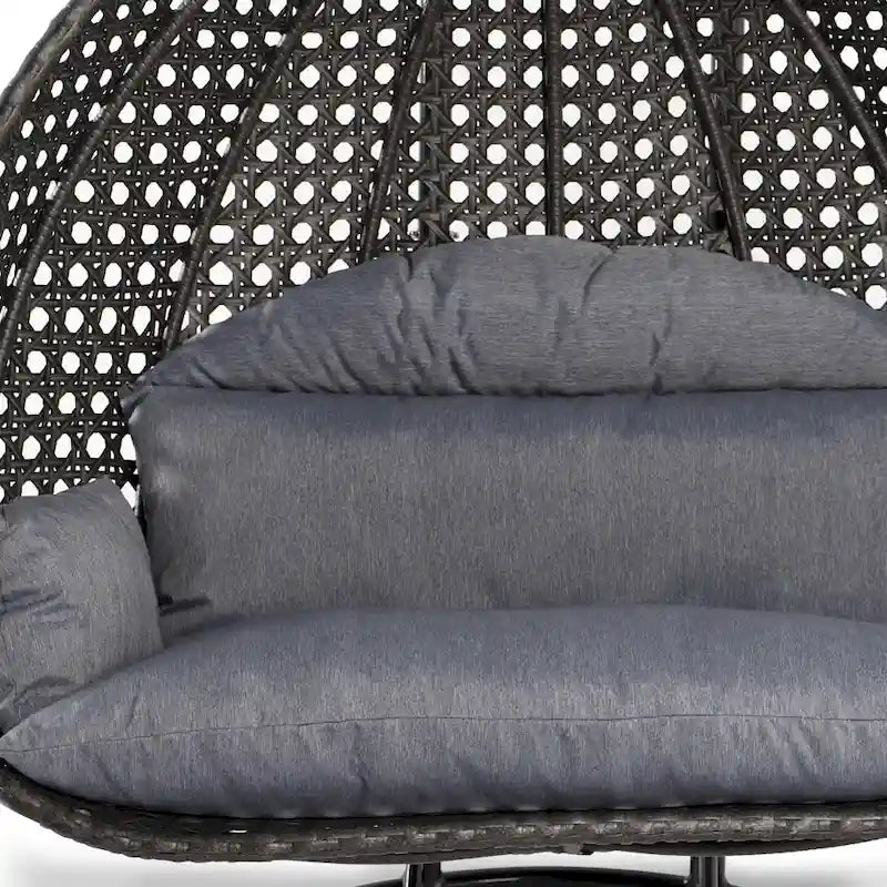 Sedia a dondolo sospesa a forma di uovo con struttura in metallo, telaio in vimini e cuscino – Beige / Blu carbone / Bianco / Blu / Bianco antico / Marrone / Tela, 2 posti