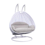Sedia a dondolo sospesa a forma di uovo con struttura in metallo, telaio in vimini e cuscino – Beige / Blu carbone / Bianco / Blu / Bianco antico / Marrone / Tela, 2 posti