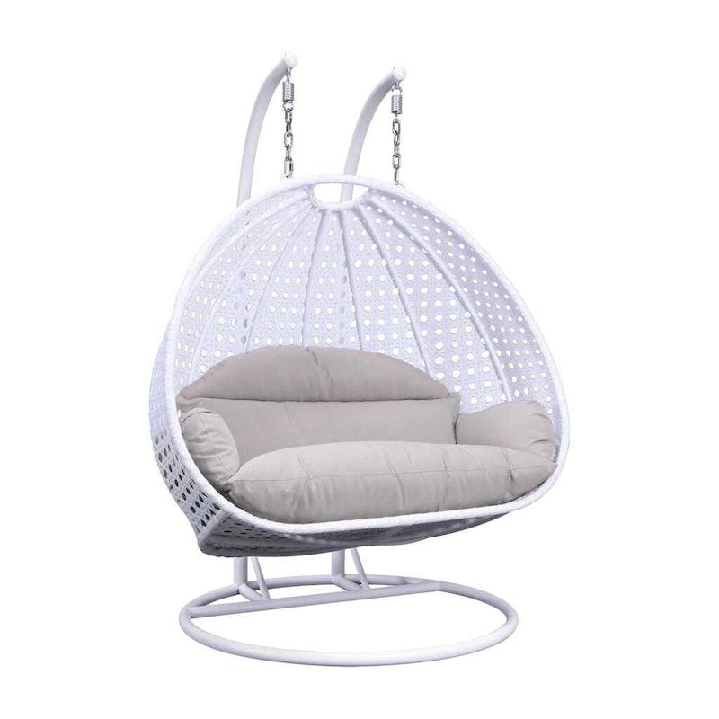 Sedia a dondolo sospesa a forma di uovo con struttura in metallo, telaio in vimini e cuscino – Beige / Blu carbone / Bianco / Blu / Bianco antico / Marrone / Tela, 2 posti