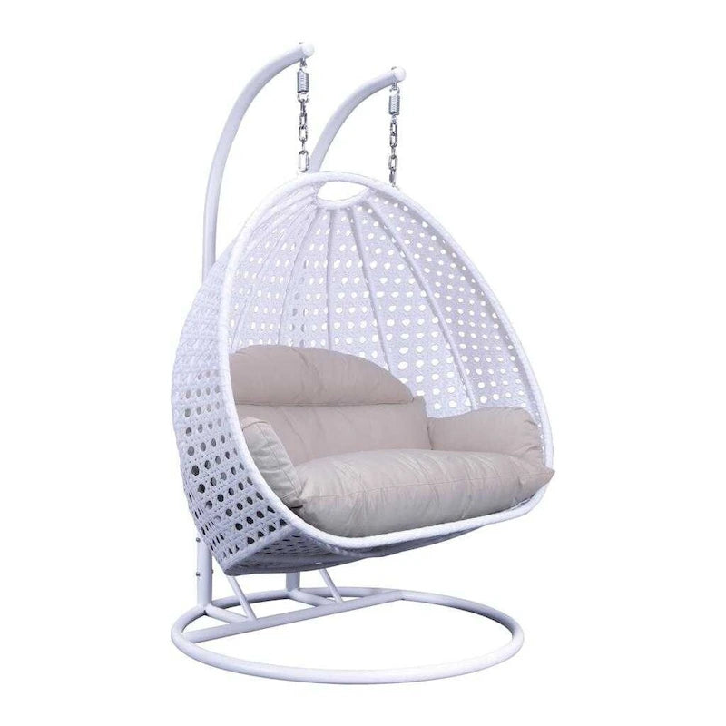 Sedia a dondolo sospesa a forma di uovo con struttura in metallo, telaio in vimini e cuscino – Beige / Blu carbone / Bianco / Blu / Bianco antico / Marrone / Tela, 2 posti