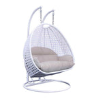 Sedia a dondolo sospesa a forma di uovo con struttura in metallo, telaio in vimini e cuscino – Beige / Blu carbone / Bianco / Blu / Bianco antico / Marrone / Tela, 2 posti