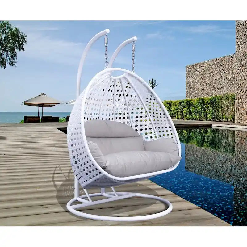 Sedia a dondolo sospesa a forma di uovo con struttura in metallo, telaio in vimini e cuscino – Beige / Blu carbone / Bianco / Blu / Bianco antico / Marrone / Tela, 2 posti