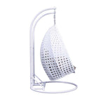 Sedia a dondolo sospesa a forma di uovo con struttura in metallo, telaio in vimini e cuscino – Beige / Blu carbone / Bianco / Blu / Bianco antico / Marrone / Tela, 2 posti