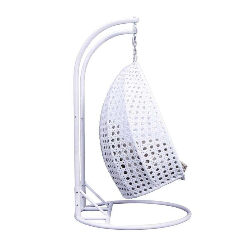 Sedia a dondolo sospesa a forma di uovo con struttura in metallo, telaio in vimini e cuscino – Beige / Blu carbone / Bianco / Blu / Bianco antico / Marrone / Tela, 2 posti