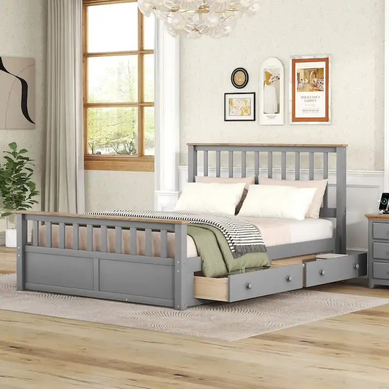 Letto a piattaforma Queen Gray & Natural Pine con testiera, pediera e 2 cassetti – Grigio, Posti letto 2