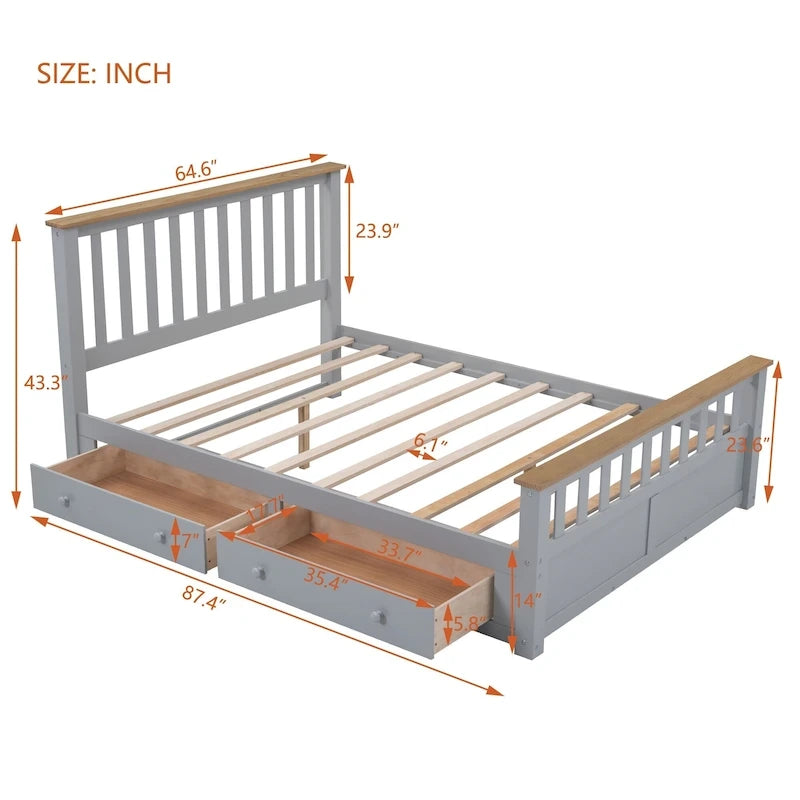 Letto a piattaforma Queen Gray & Natural Pine con testiera, pediera e 2 cassetti – Grigio, Posti letto 2
