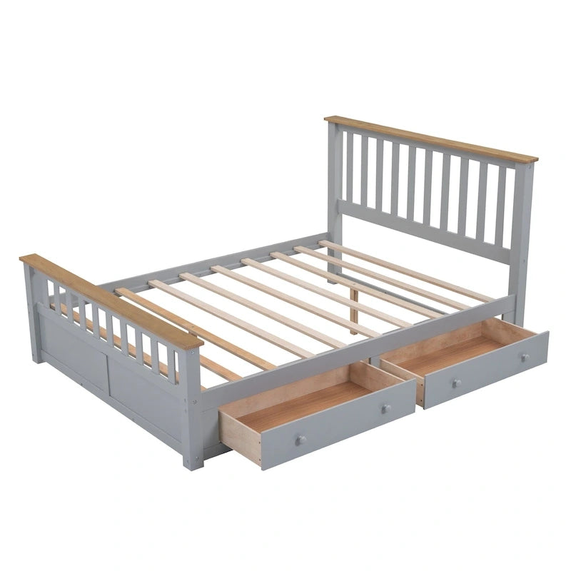 Letto a piattaforma Queen Gray & Natural Pine con testiera, pediera e 2 cassetti – Grigio, Posti letto 2