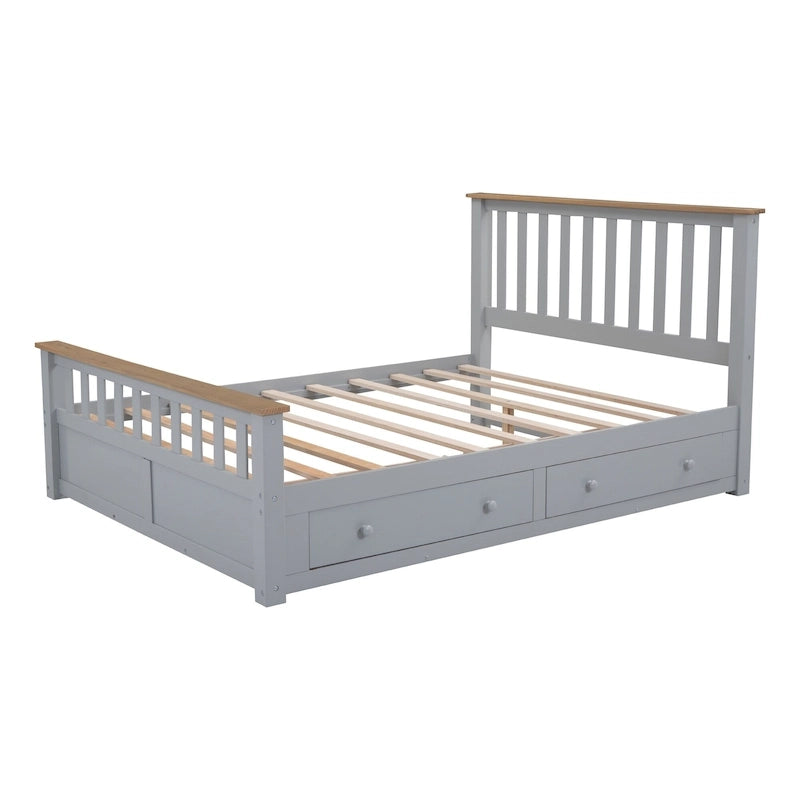 Letto a piattaforma Queen Gray & Natural Pine con testiera, pediera e 2 cassetti – Grigio, Posti letto 2