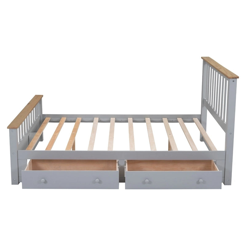 Letto a piattaforma Queen Gray & Natural Pine con testiera, pediera e 2 cassetti – Grigio, Posti letto 2