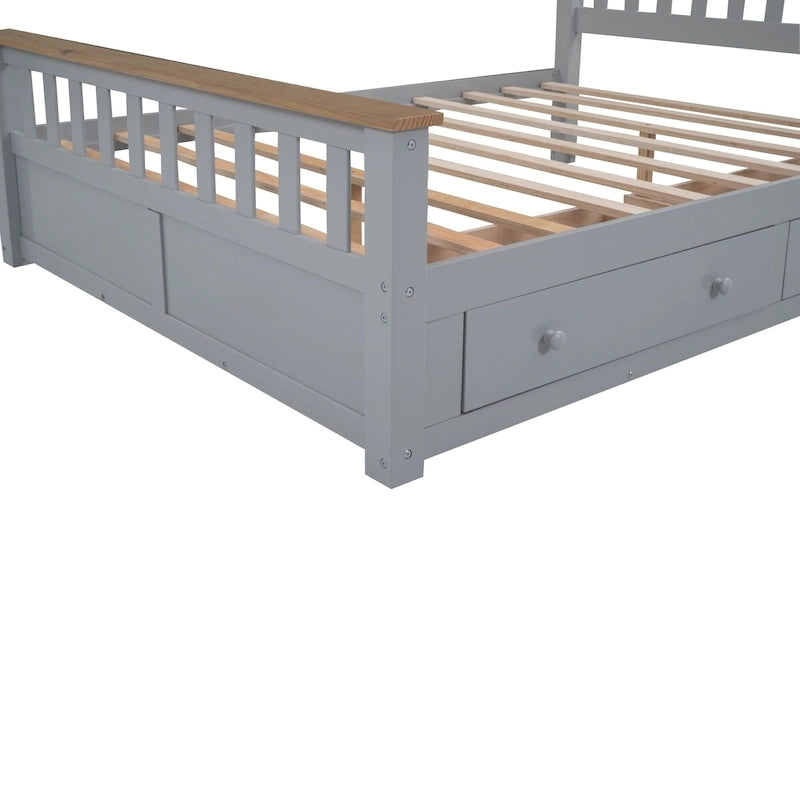 Letto a piattaforma Queen Gray & Natural Pine con testiera, pediera e 2 cassetti – Grigio, Posti letto 2
