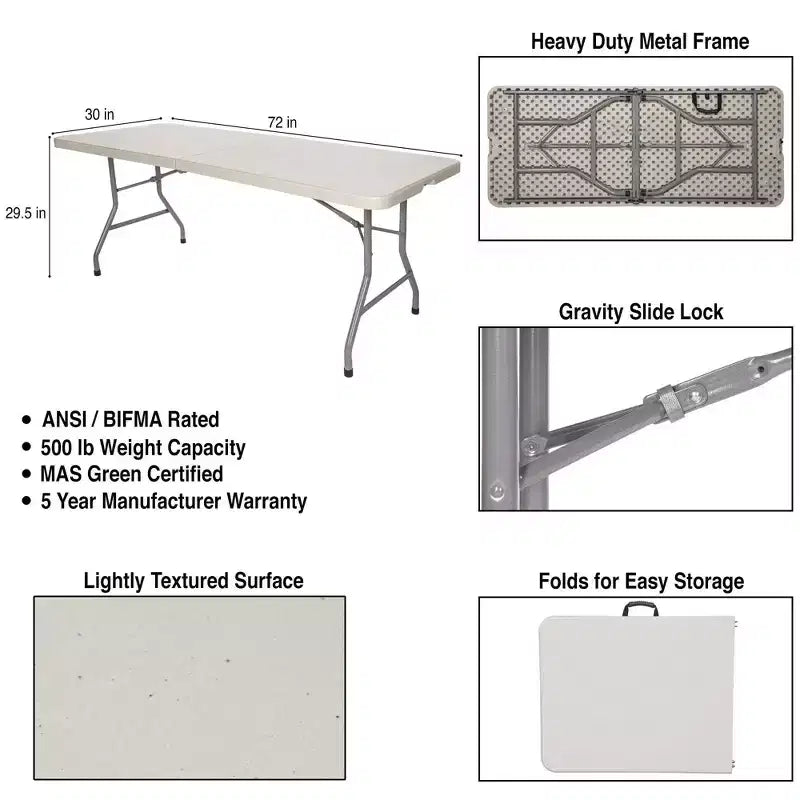 Tavolo pieghevole a metà Hampden Furnishings, collezione Baldwin, 76x183 cm, grigio: portatile, robusto, senza montaggio, 5 anni di garanzia