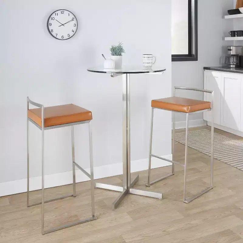 Sgabelli da bar LumiSource Fuji Stacker, set da 3, acciaio inossidabile/PU color cammello