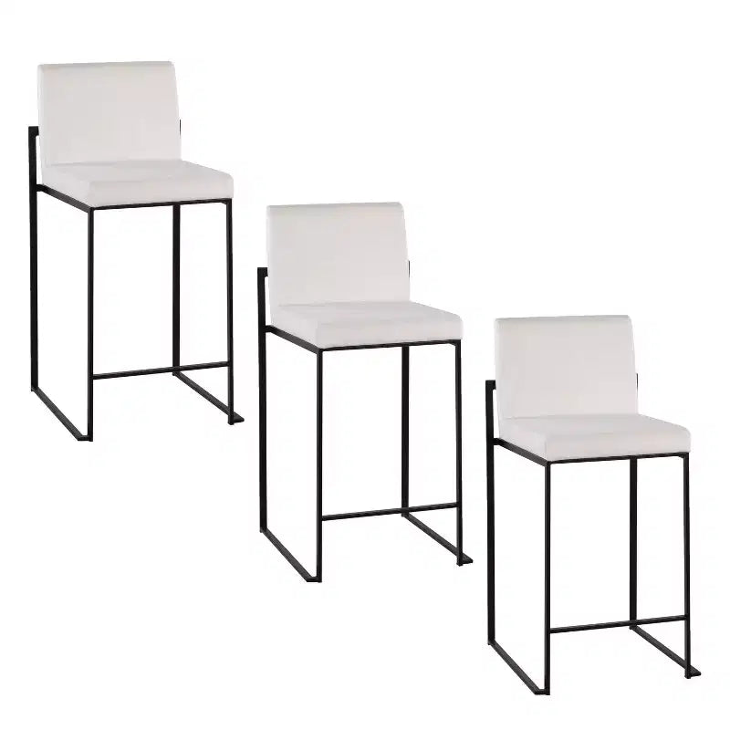 LumiSource Set of 3 Fuji High Back Counter Height Barstools Black Steel/White Velvet