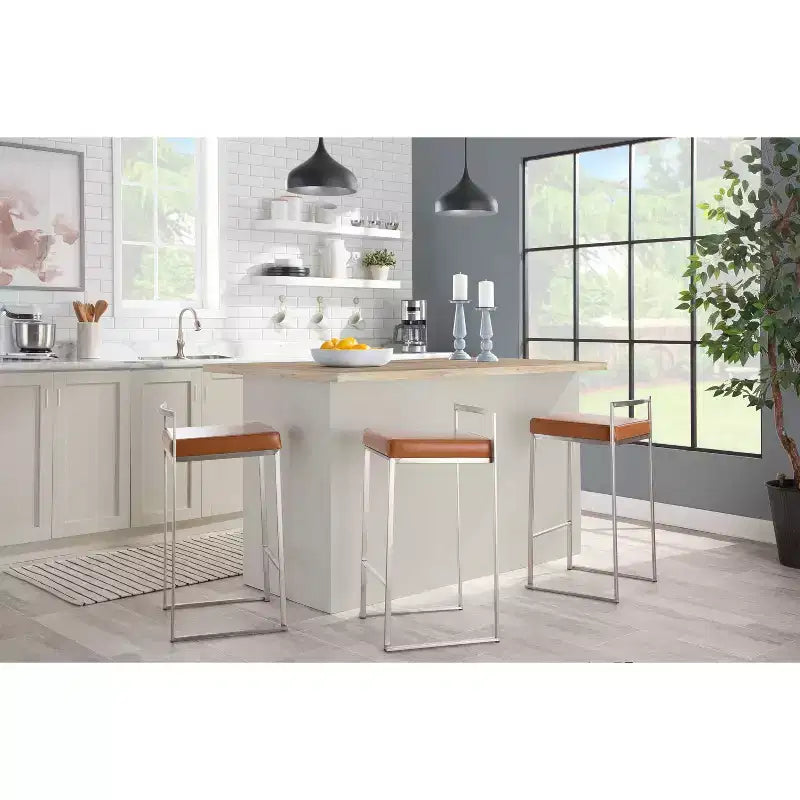 LumiSource Set di 3 sgabelli da bar Fuji impilabili altezza bancone acciaio inossidabile/cammello