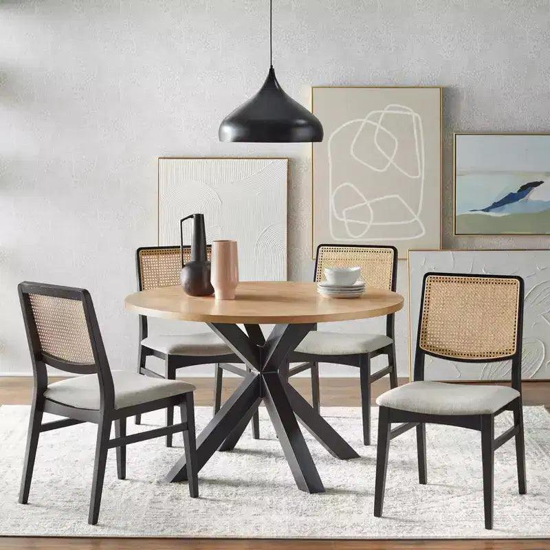 Lifestorey Set di 2 Sedie da Pranzo Gilcrest Moderne con Schienale in Cannetta Nero/Naturale: Mid-Century Modern, Struttura in Legno di Gomma, Rivestimento Grigio