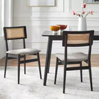 Lifestorey Whitney Mid Century Modern Solid Wood Cane Back Dining Chair Black/Natural/Gray: Mid-Century Modern, Rubberwood Frame, Set of 2