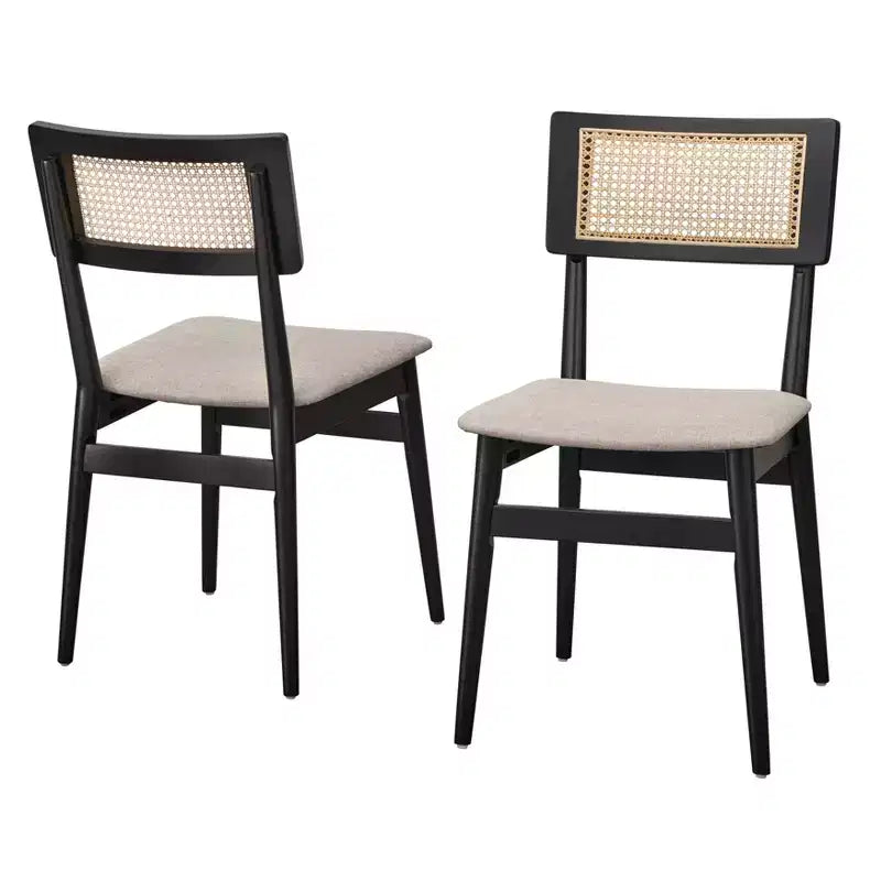 Lifestorey Whitney Sedia da Pranzo Mid Century Moderna in Legno Massello con Schienale in Cannetta Nero/Naturale/Grigio: Mid-Century Moderno, Struttura in Legno di Gomma, Set da 2