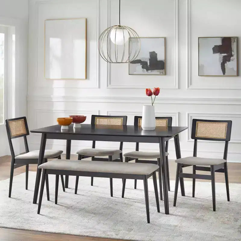 Lifestorey Whitney Sedia da Pranzo Mid Century Moderna in Legno Massello con Schienale in Cannetta Nero/Naturale/Grigio: Mid-Century Moderno, Struttura in Legno di Gomma, Set da 2