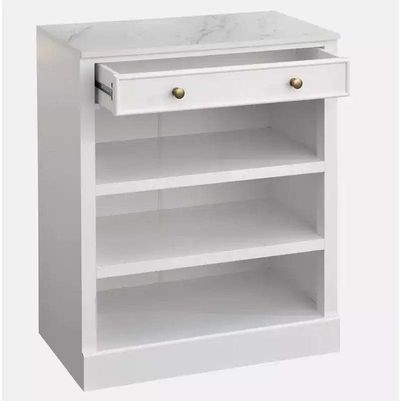 Madia componibile Lifestorey Monza con piano effetto marmo, 1 cassetto e ripiani, bianca: Maniglie in ottone, piano effetto marmo, mobile contenitore in MDF