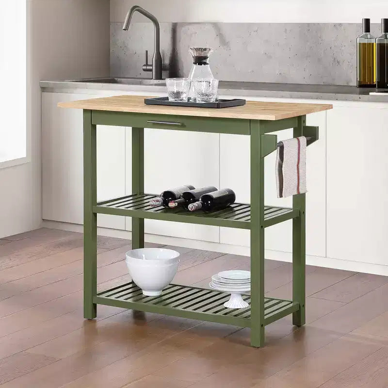 Breighton Home Designs2Go Isola per la preparazione della cucina a 3 livelli con tagliere in blocco macellaio e cassetto, verde salvia scuro/blocco macellaio