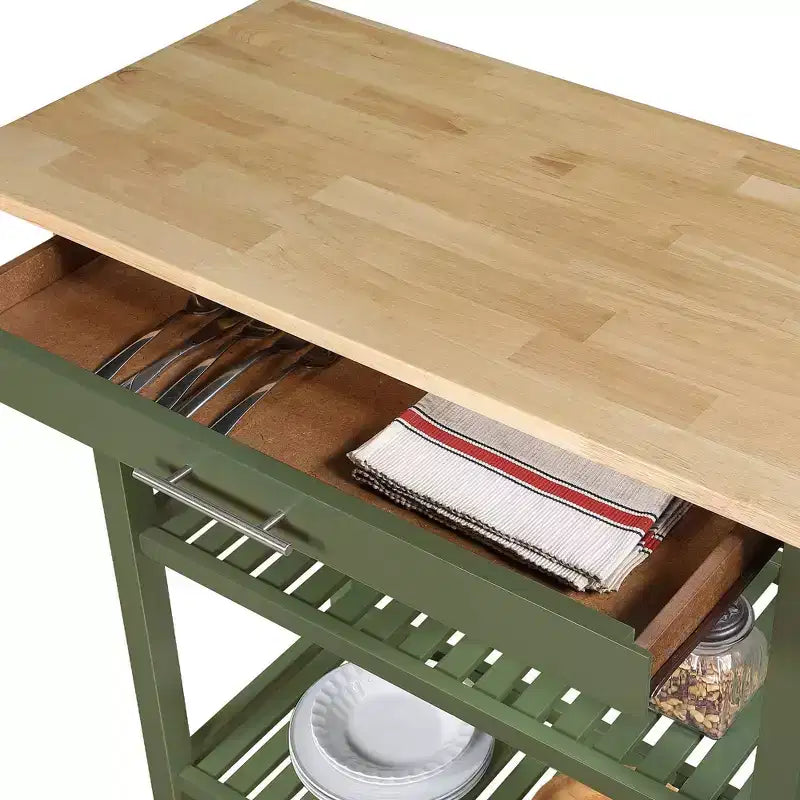 Breighton Home Designs2Go Isola per la preparazione della cucina a 3 livelli con tagliere in blocco macellaio e cassetto, verde salvia scuro/blocco macellaio