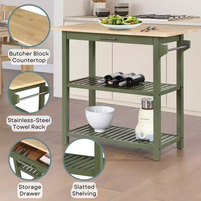Breighton Home Designs2Go Isola per la preparazione della cucina a 3 livelli con tagliere in blocco macellaio e cassetto, verde salvia scuro/blocco macellaio