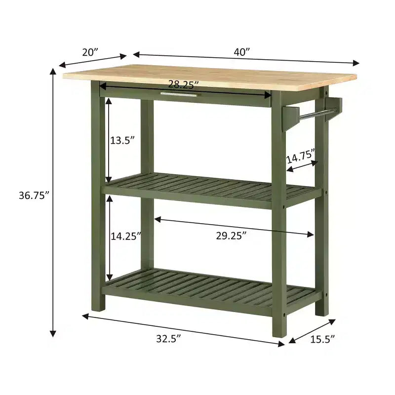 Breighton Home Designs2Go Isola per la preparazione della cucina a 3 livelli con tagliere in blocco macellaio e cassetto, verde salvia scuro/blocco macellaio