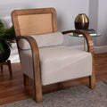 Baxton Studio Sage Fabric and Wood Arm Chair with Woven Rattan Light Gray/Walnut Brown/Natural Brown: Polyester Upholstery, Rubberwood Frame