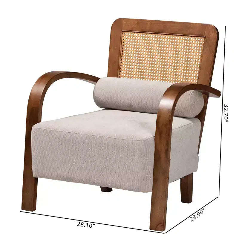 Poltrona Baxton Studio Sage in tessuto e legno con rattan intrecciato grigio chiaro/marrone noce/marrone naturale: Rivestimento in poliestere, telaio in legno di gomma