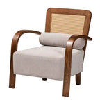 Poltrona Baxton Studio Sage in tessuto e legno con rattan intrecciato grigio chiaro/marrone noce/marrone naturale: Rivestimento in poliestere, telaio in legno di gomma