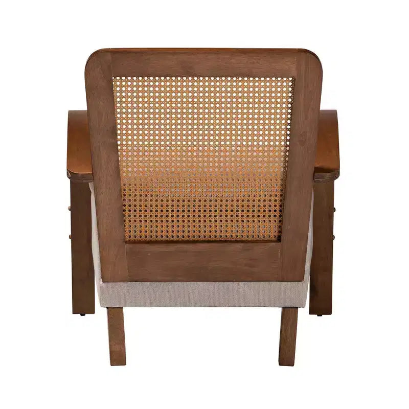 Poltrona Baxton Studio Sage in tessuto e legno con rattan intrecciato grigio chiaro/marrone noce/marrone naturale: Rivestimento in poliestere, telaio in legno di gomma