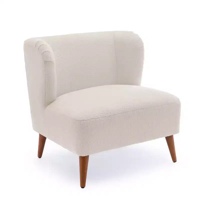 Comfort Pointe Poltrona accento Vesper Bouclé bianco latte: senza braccioli, a pozzetto, gambe in legno, cuscino in schiuma