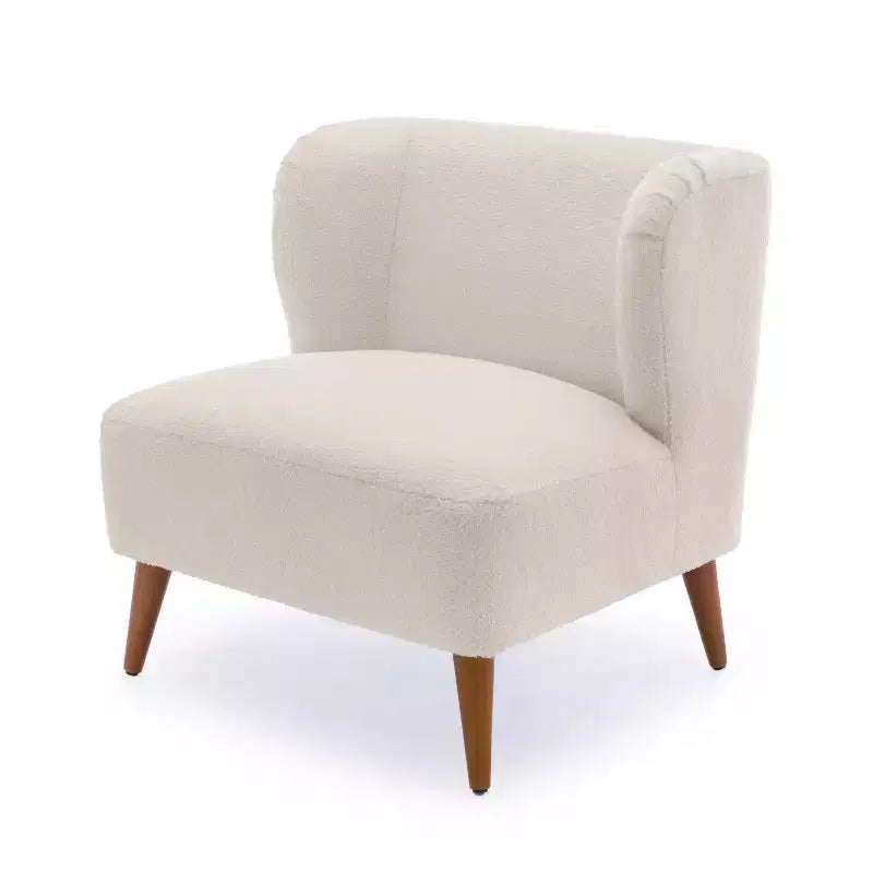 Comfort Pointe Poltrona accento Vesper Bouclé bianco latte: senza braccioli, a pozzetto, gambe in legno, cuscino in schiuma